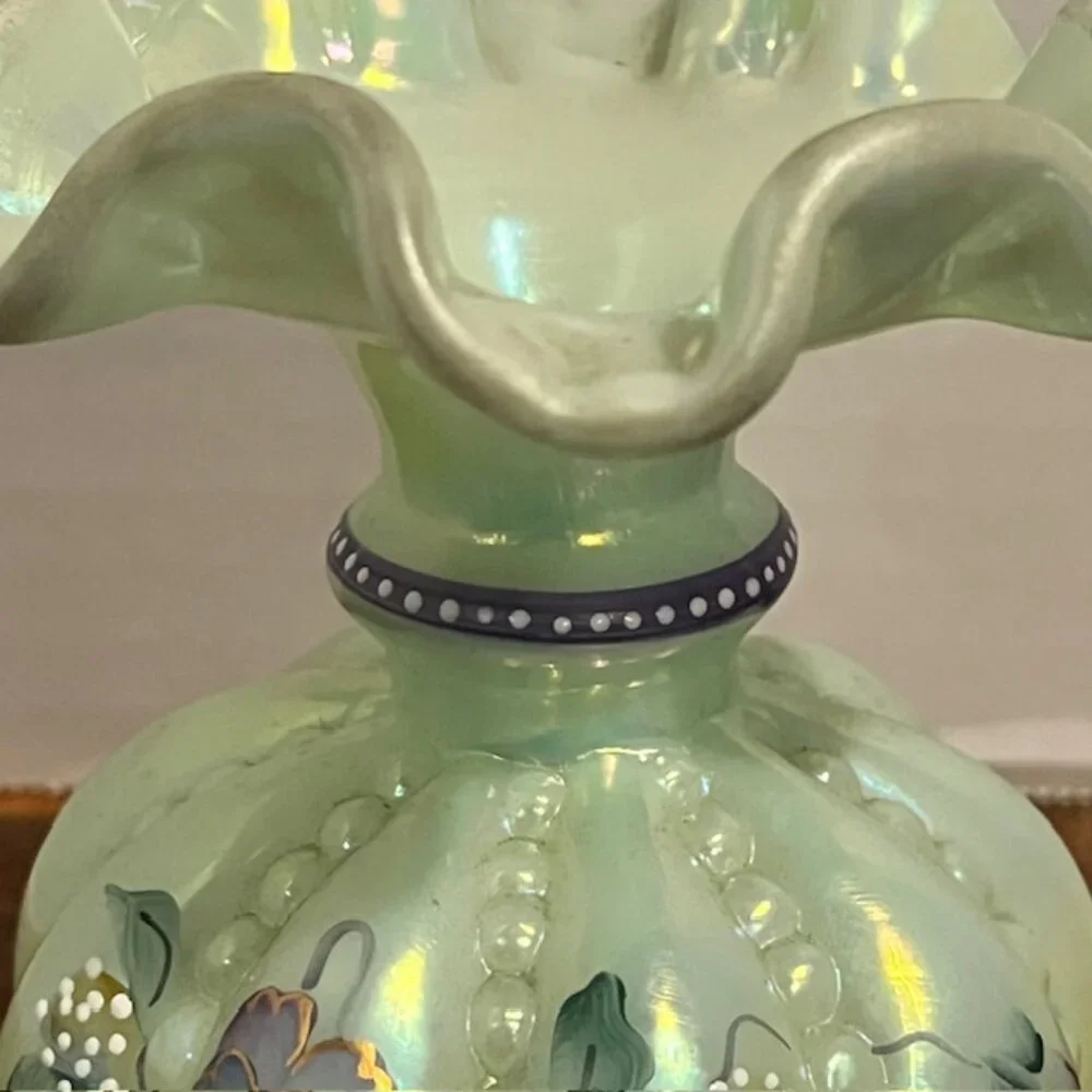 Fenton Iridized Sea Green Beaded Melon Pansies Vase Signed Frank & Tom Fenton
